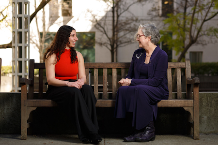 Jumana Esau with her mentor, Professor Fran Dolan, in Shields Library courtyard