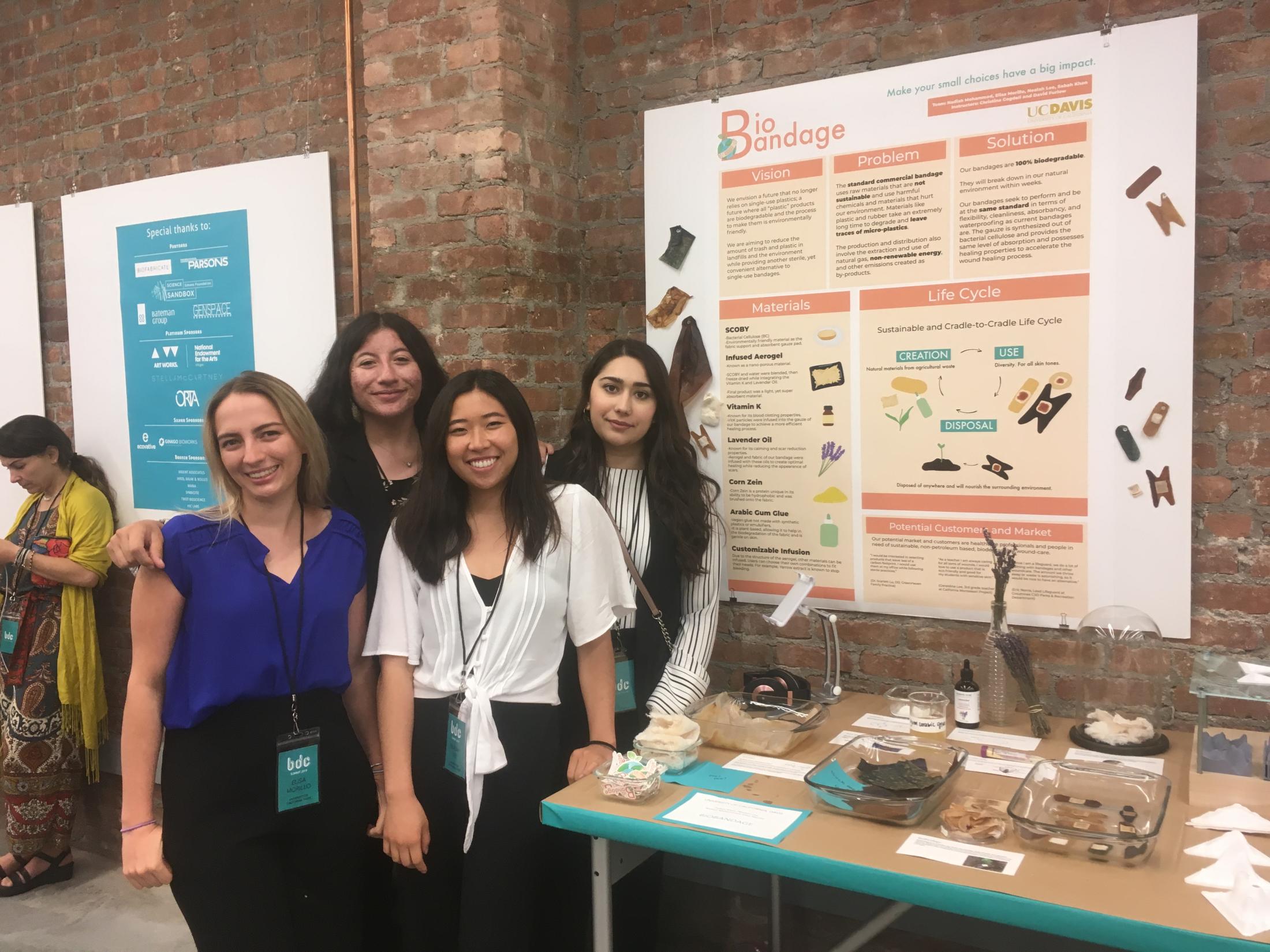 The 2019 BioDesign team gallery. From left to right: Elisa Morillo, Nadiah Mohammed, Nealah Lee, and Sabah Khan.