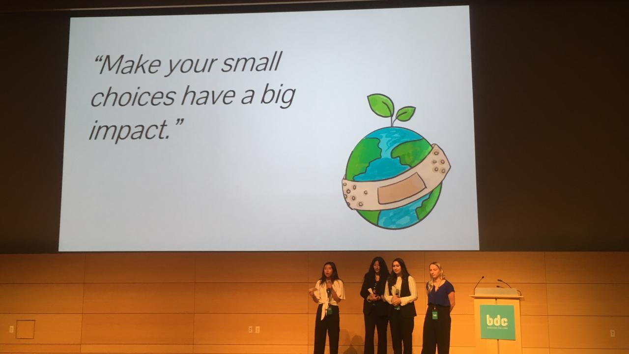 The 2019 BioDesign team presents their research at the BioDesign Challenge. in New York From left to right: Nealah Lee, Nadiah Mohammed, Sabah Khan, and Elisa Morillo.
